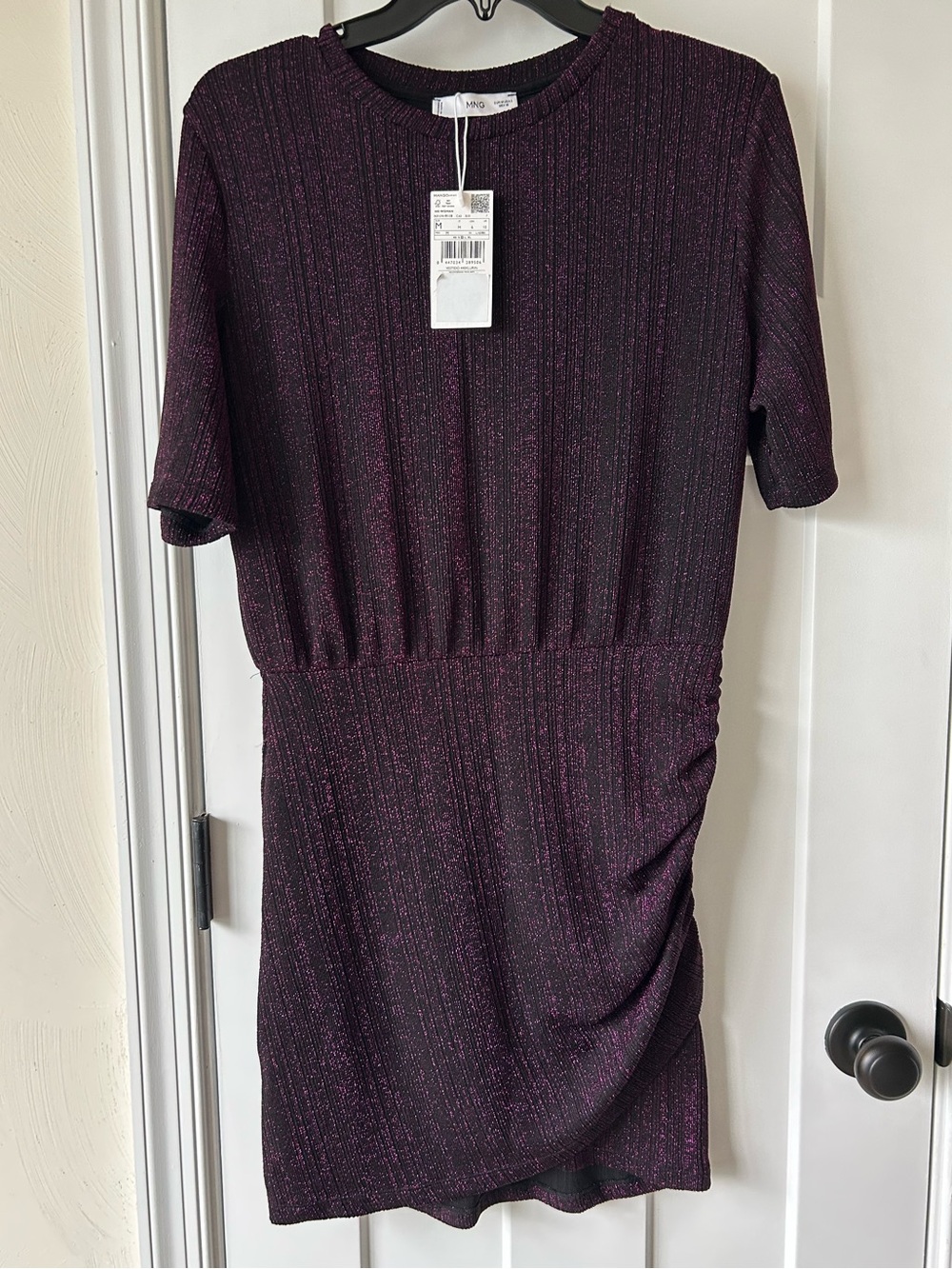 Mango Metallic Plum Short Sleeve Mini Dress